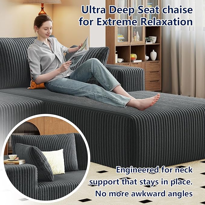 96 Modular Sectional Sofa Modern Corduroy Cloud Couch with Deep Seat Boneless Couch Upholstered 3-Seater L-Shaped Sofa for Living Room No Assembly Required (Dark Grey Right-Facing Chaise)
