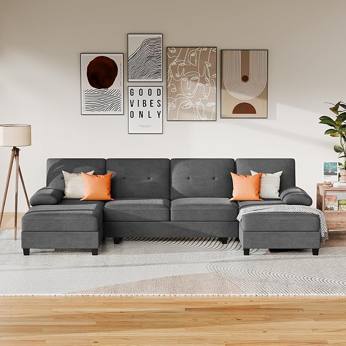 JAMFLY Sectional Sofa Couches for Living Room U Shaped Sofa Living Room Furniture Sets 4 Seat Modular Sectional Couch with Chaise Black Grey