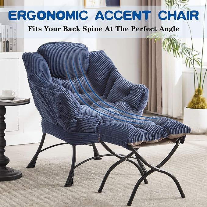 Lazy Chair with Ottoman &amp Storage Pocket Reading Chair for Bedroom Living Room Small Space Comfy Lounge Chairs Steel Frame Oversized Ergonomic Corduroy (Navy Blue)