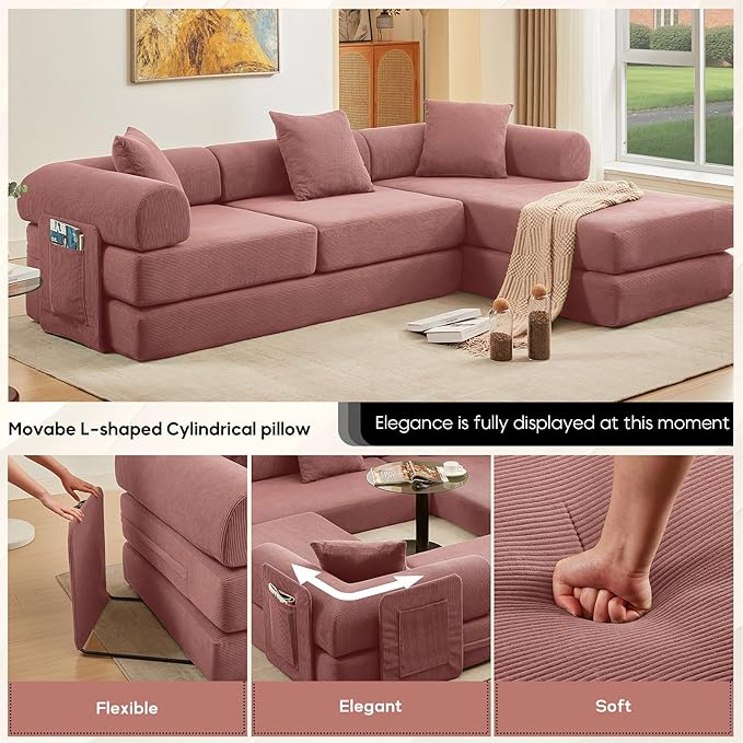 L Shaped Convertible Modular Boneless Sofa Bed with Cylindrical Pillow Corduroy Folding Floor Sofa Couch Bed with Fixed-Shape Frame &amp Storage Pocket for Living Room Pink