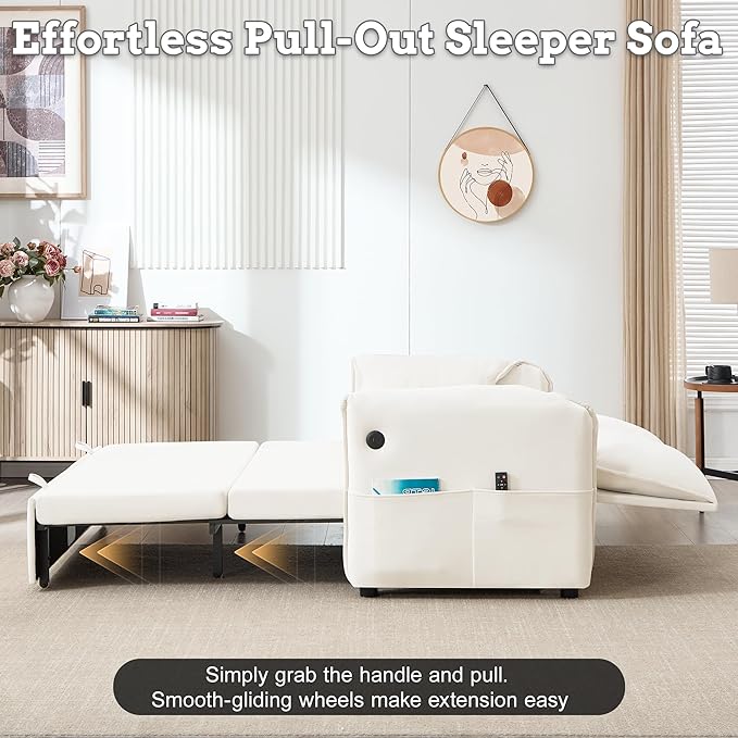 63 Velvet Pull Out Sofa Bed 3-in-1 Convertible Futon Loveseat Queen Sleeper Sofa Couch Bed with Adjustable Backrest USB Ports &amp Side Pockets Modern Sofas for Living Room Apartment Beige