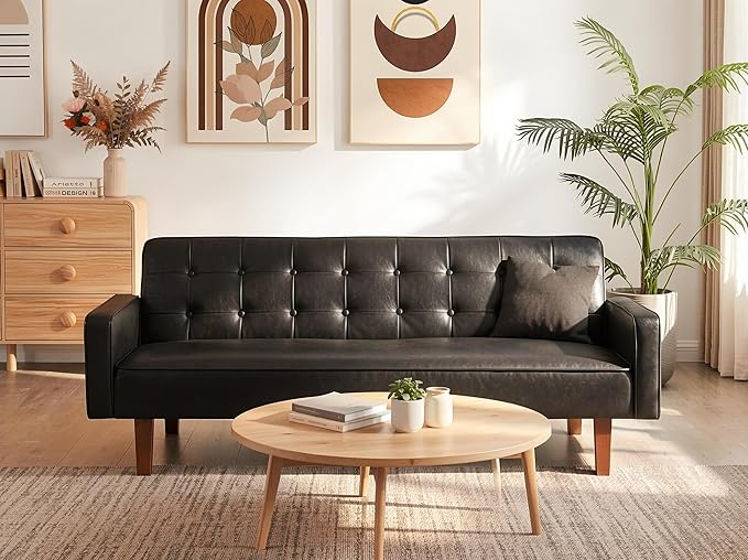Modern PU Leather 3-Seat Couch Adjustable Backrest Convertable Sofa Sleek Minimalist Fold Out Couch Loveseat with Armrests Sofa for Living Room Home Office Spaces Black