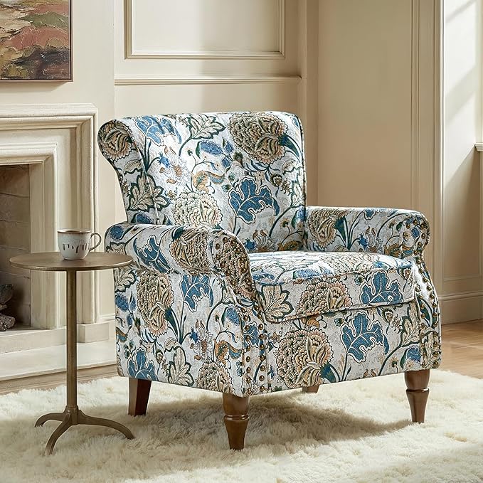 Wingback Accent Chair with Wood Legs Modern Comfy Upholstered Armchair with Removable Cushion and Nailhead Trim Floral Pattern Single Sofa Reading Chair for Living Room Bedroom