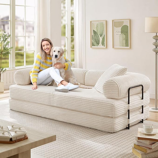 Folding Sofa Bed Convertible Corduroy Comfy Loveseat Sleeper Bed Modular Foam Compression Sofa Couch Floor Lazy Chaise Lounge for Guest Room Living Room Studio (Beige)