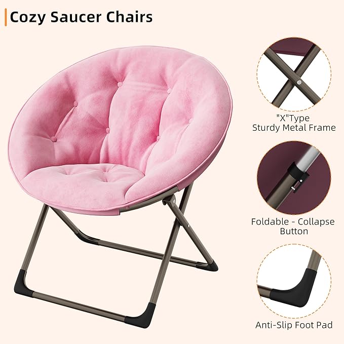 Garvee Saucer Chair Comfy Chair Faux Fur Lounge Moon Chair with Folding Metal Frame Oversized Plush Foldable Flower Accent Seat for Adults Teens Bedroom Dorm or Living Room(1PCS Pink)
