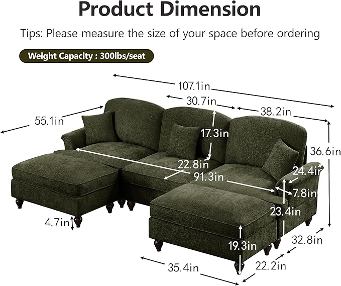 107'' Elegant U Shaped Chenille Mid Century Sectional Sofa Comfy Oversized 5 Seater Cloud Couch with Flared Arms and 2 Ottomans for Living Room
