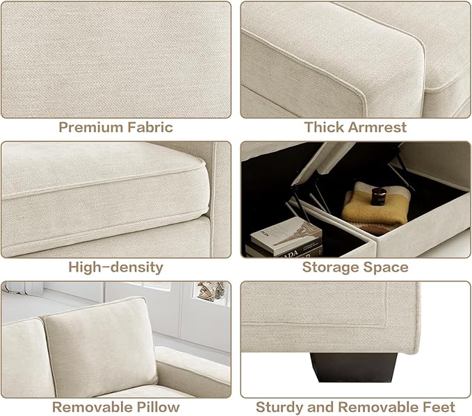 129 4-Seater Modular Sectional Sofa Modern Comfy Chenille Couch with Removable Chenille Washable Cover Seat Storage and USB Charging for Living Room Office Apartment Easy to Install Beige