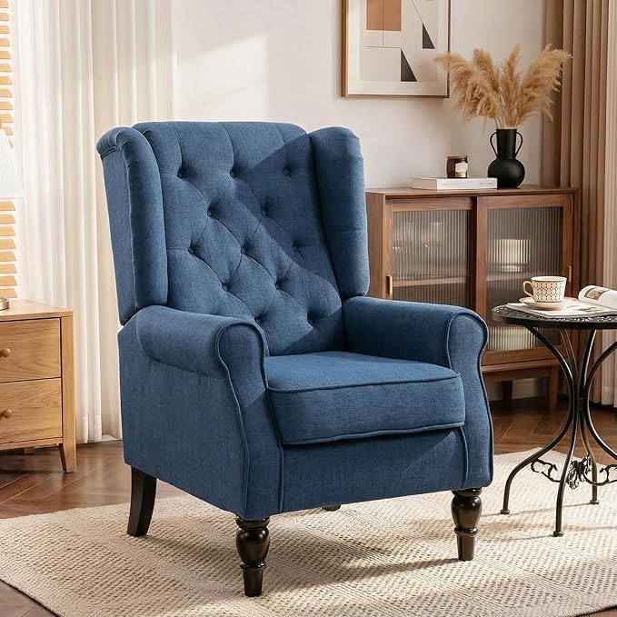 HOMCOM Mid-Century Modern Accent Chair High Wingback Reading Chair Button-Tufted Upholstered Fabric Armchair with Retro Wood Legs for Apartment Living Room Bedroom Blue