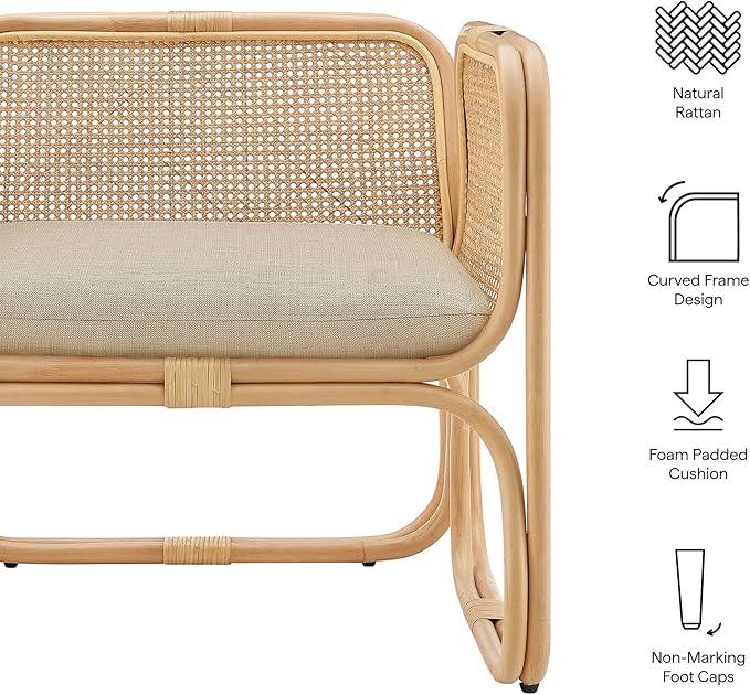 Ellis Natural Rattan Accent Armchair in Natural – Curved Low Lounge Chair with Cushioned Seat for Living Room Sunroom or Covered Patio