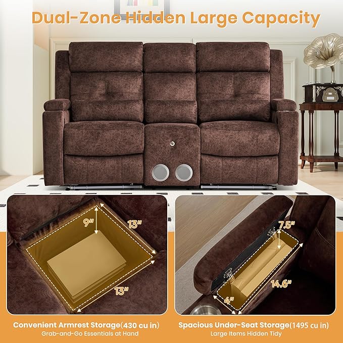 Power Reclining Loveseat with Flip Backrest Power Loveseat Recliner Sofa with LED Lights Bluetooth Speaker 3-Seater Recliner Sofa with Arm/Seat Storage (Brown Loveseat with Console)