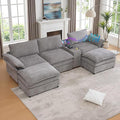 124 Cloud Couch Sectional Modular U Shaped Couch with Movable Ottomans Modern Deep Seat Sofas for Living Room Comfy Chenille Sectionals with Central Console &amp Bluetooth Speakers (Grey)