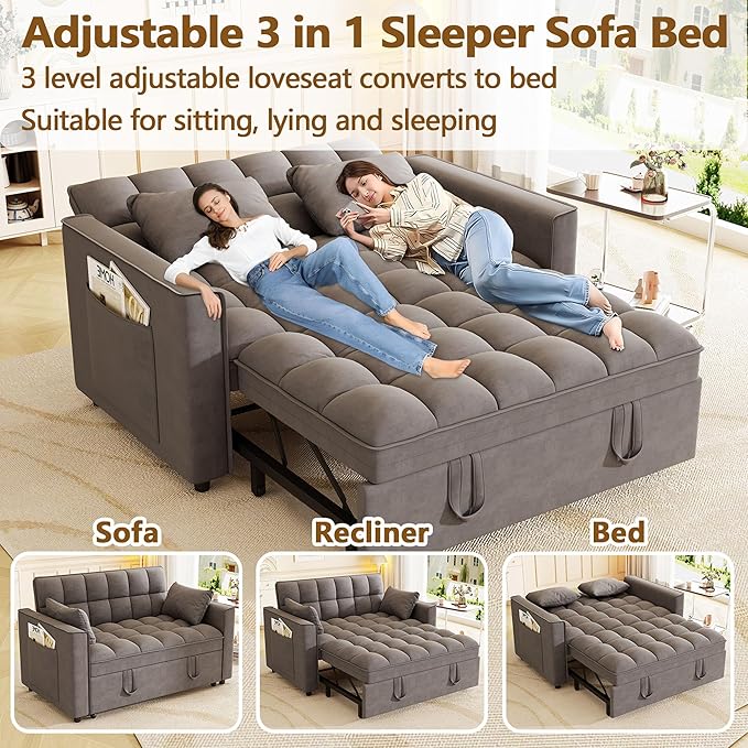 3 in 1 Convertible Sleeper Sofa Bed 52'' Velvet Pull Out Couch Bed with Comfy Pillows &amp Adjustable Backrest/Side PocketsFuton Loveseat Sleeper Sofa for Small Spaces Living Room Bedroom (Dark Gre
