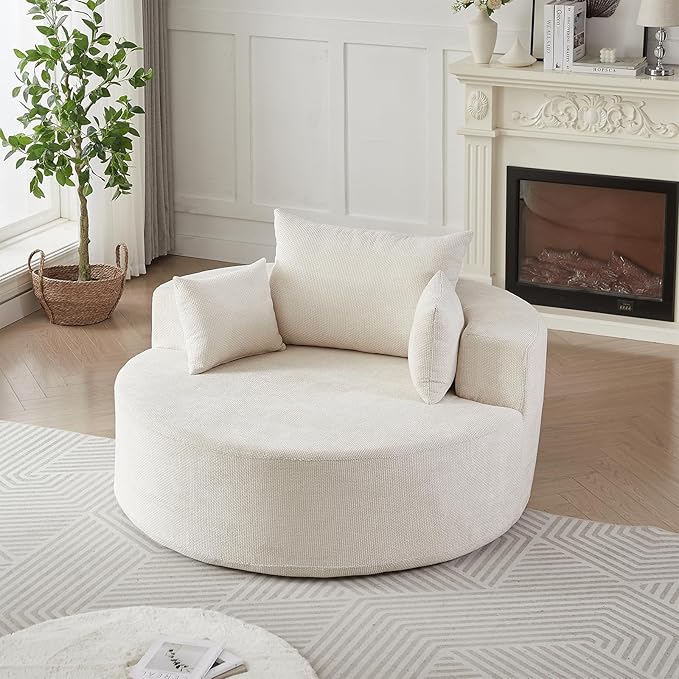 Oversized Round Chaise Lounge Chair Indoor 55W Circle Comfy Armchair with Deep Seat Floor Cloud Boneless Chair Upholstered Modern Cozy Sofa Chairs for Living Room Bedroom(Grid Chenille Beige)