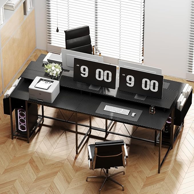 L Shaped Gaming Desk with Power Outlets &amp LED Lights 53 inch Corner Computer Desk with Monitor Stand and Storage Bag Home Office Desk Table for Bedroom Dual Workstation Carbon Fiber Black