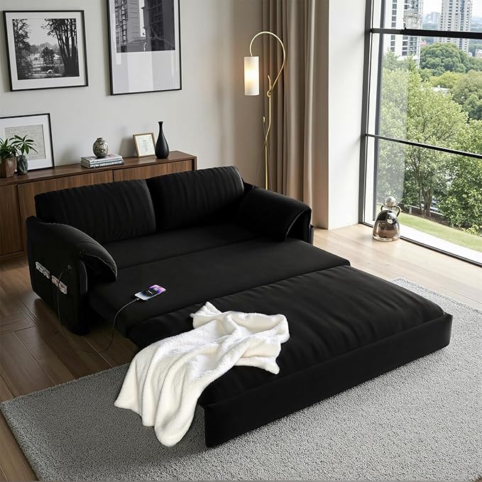 Gexpusm Futon Sofa Bed Queen Size3-in-1 Convertible Sleeper SofaPull Out Bed with Side PocketLoveseat CouchModern Futon Couch for Living RoomSmall SpaceApartmentBedroom (Black Velvet 61) | Fu