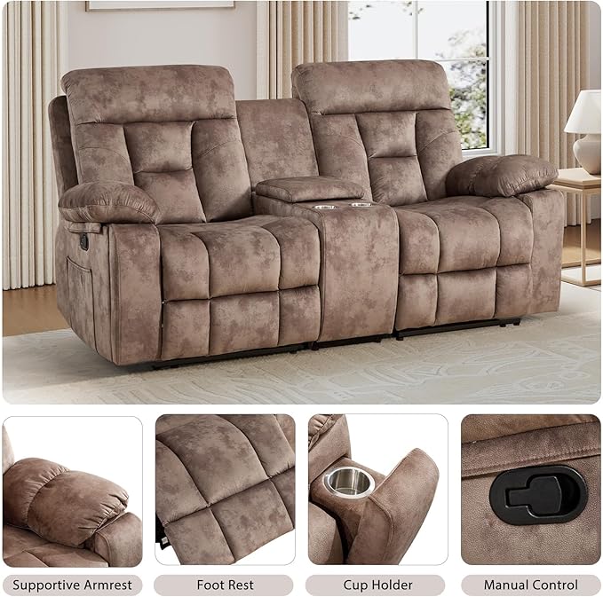 EBELLO Loveseat Recliner Sofa for Living Room Extra Wide Modern Overstuffed 2 Seat Reclining Manual Sofa Chair with Hidden Armrest Cup Holders Breathable Fabric Brown