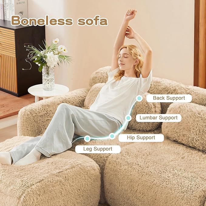 80.4”Boneless Cloud Couches Soft Fluffy Plush Fabric Modular Sectional Sofa Bed with 2 Ottoman Loveseat Light Khaki Couches No Assembly Required Comfy Sofa for Living Room