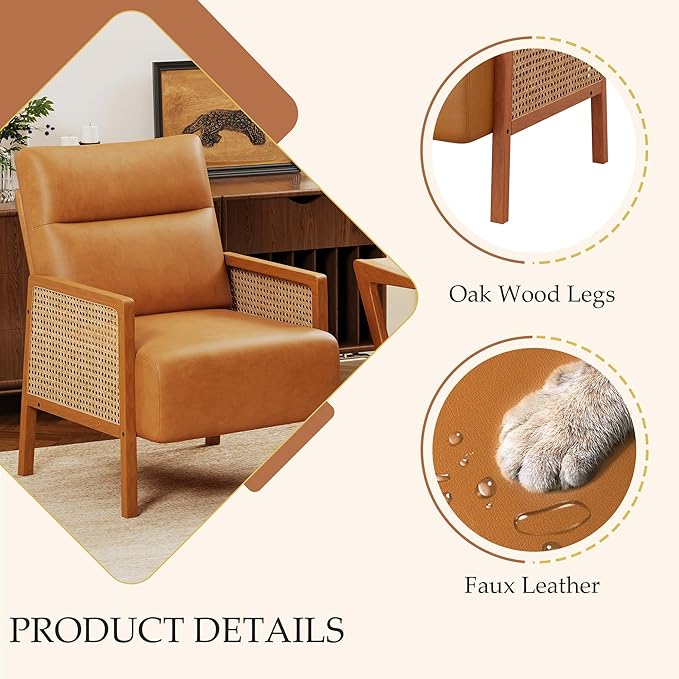 Andeworld Brown Accent Chairs Set of 2Upholstered Modern Living Room Chairs with Natural Rattan Arm Faux Leather Arm Chairs for Bedroom Club Balcony Reception