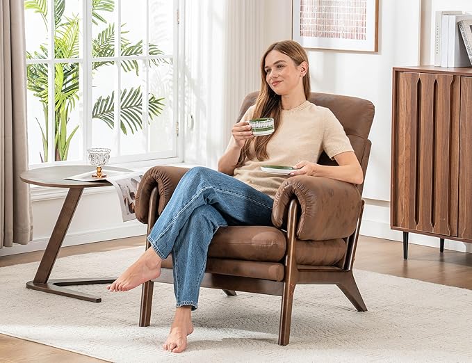 Mid Century Modern Accent ChairUpholstered Armchair with Solid Wood Frame &amp Soft Cushion for Living RoomReadingBedroomBelconySunroomBrown
