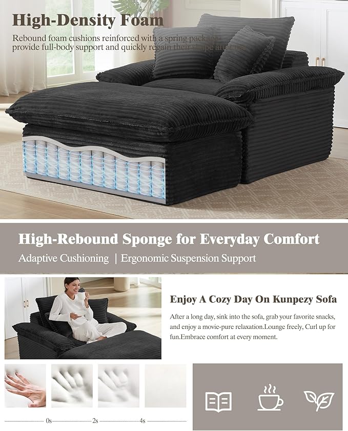Oversized Chaise Lounge Chair Indoor Upholstered Corduroy Couch with 3 PillowsComfy Fluffy Cloud CouchSingle Sleeper Sofa Chair for Livingroom (Black+Ottoman 52W X 70.87D)
