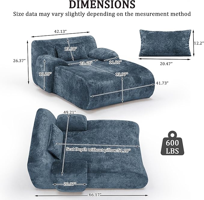 66 Inches Oversized Chaise Lounge Indoor No Assembly Required Single Sleeper Sofa Chair with Lumbar Pillow Upholstered Boneless Sofa Bed for Living Room Bedroom