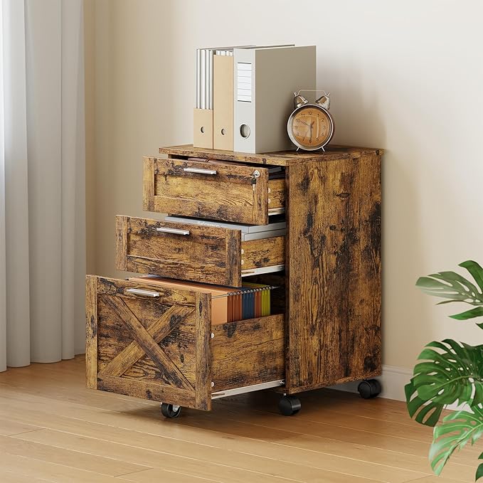 Secure 3-Drawer Wood File Cabinet with Lock – Mobile Under Desk Filing Cabinet Fits Letter/Legal/a4 Rolling Cabinet with Wheels – Classic Color