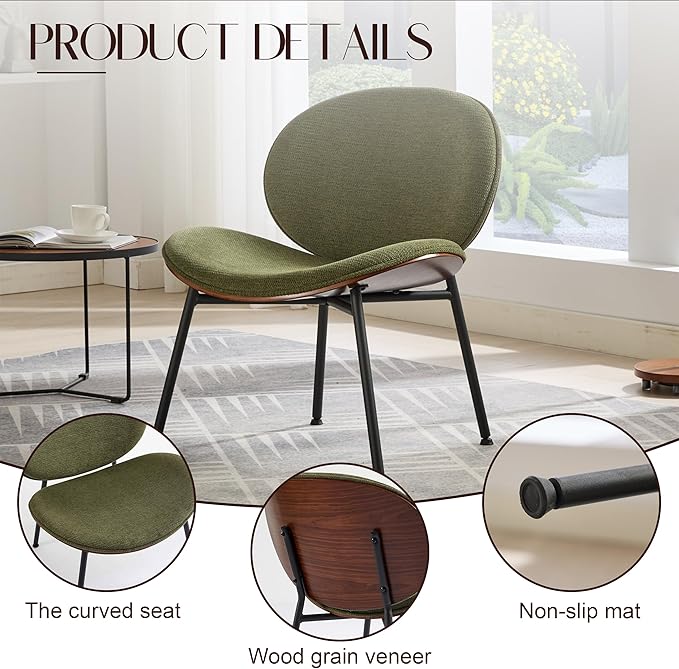 Mid-Century Modern Accent Chair Fabric Upholstered Lounge Chair Curved Back Side Chair for Living Room Bedroom Reading Nook Office (Green + Fabric Set of 1)