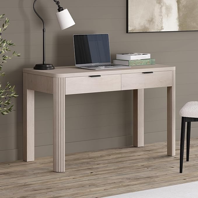 Henn&ampHart 48 Fluted Modern Rectangular Wooden Home Office Desk Computer Desk Writing Table with Ribbed Legs and 2 Storage Drawers for Bedroom Living Room or Home Office Beech White