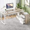 55 Inch L Shaped Desk with 3 Drawers White Desk with Storage Shelves Home Office Desk with Monitor Stand White and Walnut