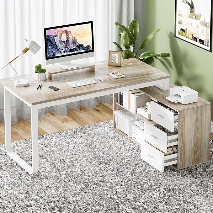 55 Inch L Shaped Desk with 3 Drawers White Desk with Storage Shelves Home Office Desk with Monitor Stand White and Walnut