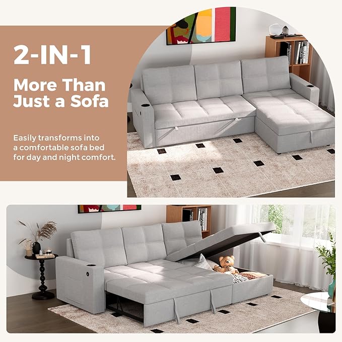 85 inch Large Sleeper Sofa Bed with StorageL Shaped Sectional Couch Bed2 in 1 Pull Out Couches with Convertible ChaiseUSB ChargingCup Holders and Side Pockets Gray