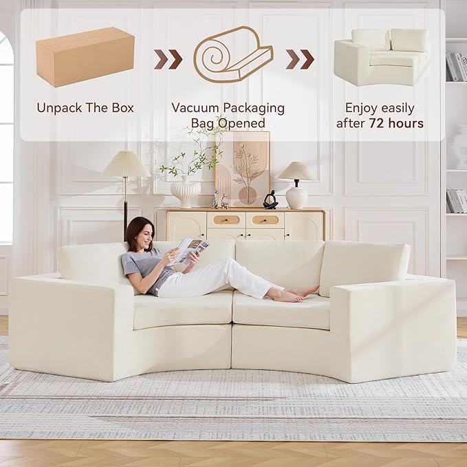 119'' Curved Round Boneless Sofa Oversized Modular Sectional Sofa with Deep Seat &amp Arms Chenille Memory Foam Sofa with Pillows Upholstered Comfy 4 Seat Couch for Living Room White