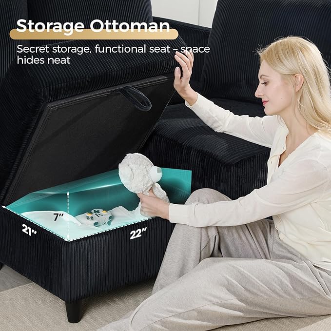 KKL Modular Sectional Sofa Bed with Storage Ottoman Convertible L/U-Shaped Sleeper Couch for Living Room Modern Reversible Design Black