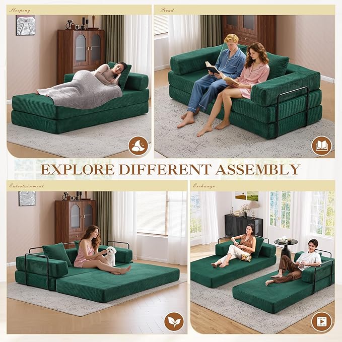 Antetek Modular Futon Sofa Bed Convertible Folding Corduroy Comfy Memory Foam Floor 3 Seater Loveseat Sleeper Sofa Couch Bed Chaise Lounge with 2 Pillows for Guest Room Living Room Office Green
