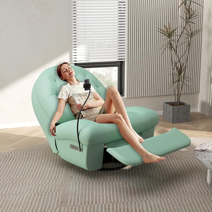 Kinfant Power Swivel Rocker Recliner Chair Swivel Rocking Sofa with Button Control Phone Holder &amp USB Ports for Living Room Bedroom (Green)