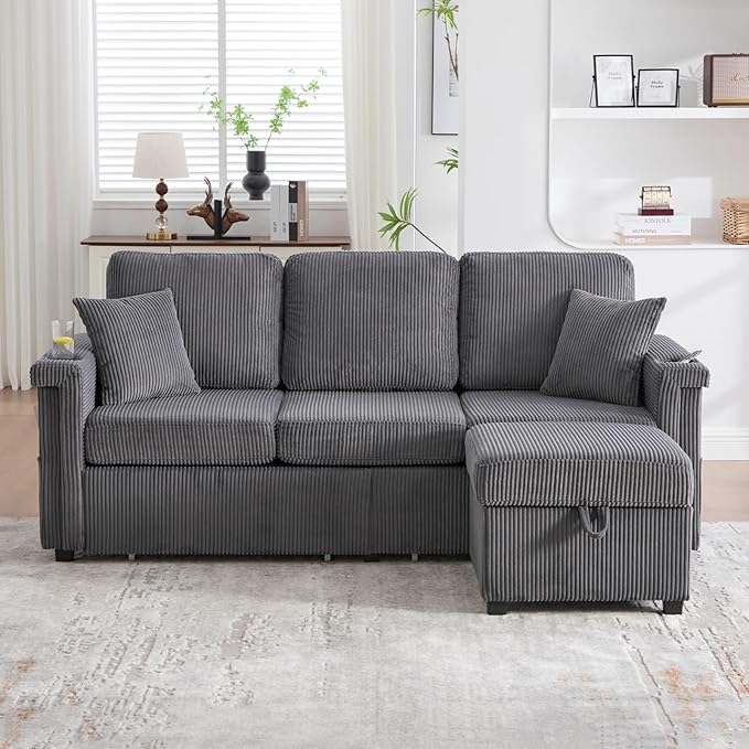 L-Shaped Sectional Sofa with Storage &amp Movable Ottoman Corduroy 3 Seater Sectional Couch with USB Charging Cup Holder &amp LED Light Couches for Living Room (Dark Gray 76.38)