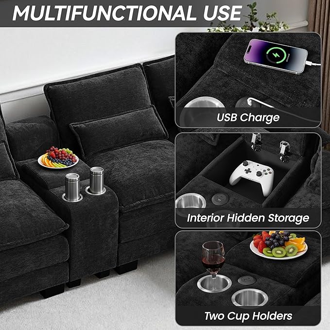 125 U Shaped Cloud Modular Sectional Couch for Living Room Small Comfy Chenille Sofa with Double Chaise Lounge Storage Central Console Cup Holders USB PortBlack