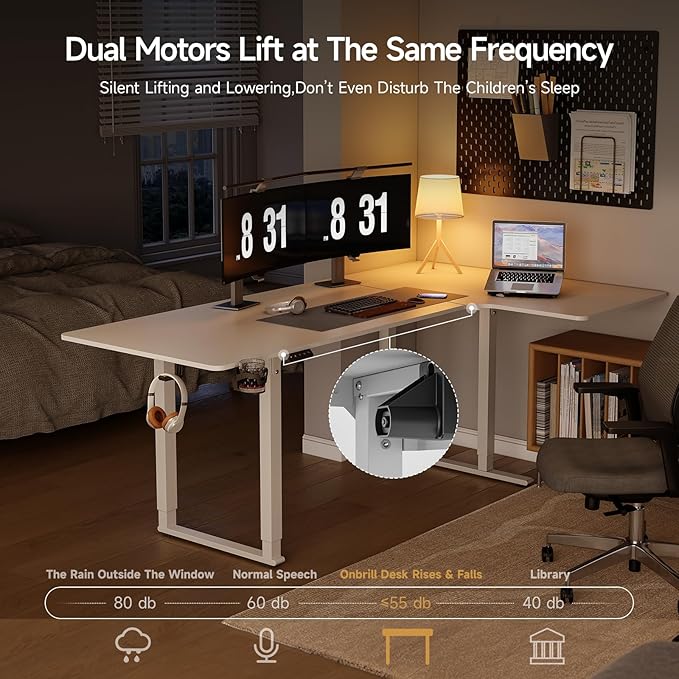 ONBRILL L Shaped Standing Desk 71x43 Inches Electric L Stand Up Desk with 4 Legs Dual Motor and Memory Controller Adjustable Height from 28-46 Inches for Home and Computer Workstation White