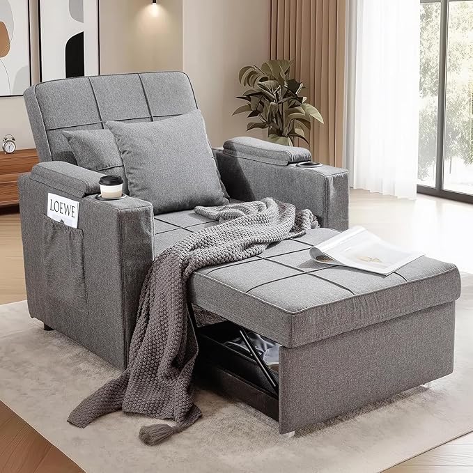 LUCKLIFE 3-in-1 Sleeper Chair BedPull-Out Convertible Sofa Bed Armchair with Cup HoldersSide Pocket and Under-Bed Storage for Living Room&ampBedroom (Grey)