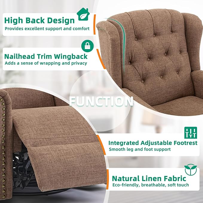 VIVIJASON Power Swivel Rocking Recliner Chair with Massage &amp Heat Electric Rocker Nursery Glider Chair Wingback Tufted Upholstered Recliner W/Type-C &amp USB Ports for Living Room Bedroom Bro