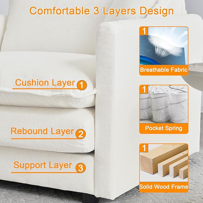Cloud Sectional Couch 111.5 L Shaped Deep Seat Chenille Sectional Sofa for Living RoomComfortable Double Layer Sofa CushionWhite