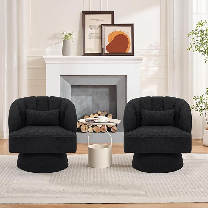 GarveeHome Modern Swivel Barrel Accent Chair 360° Teddy Fabric Upholstered Armchair with Striped Backrest &amp Plush Padding Comfy Round Lounge Chair for Living Room Bedroom Reading Nook Black 2