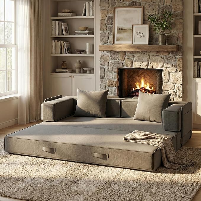 4-in-1 Convertible Sofa Bed 82“ Compression Sofa with Chenille Fabric Pull Out Sleeper Sofa with 2 Pillows &amp 4 Side Pockets for Living Room Bedroom Apartment No Assembly Required Dark Grey