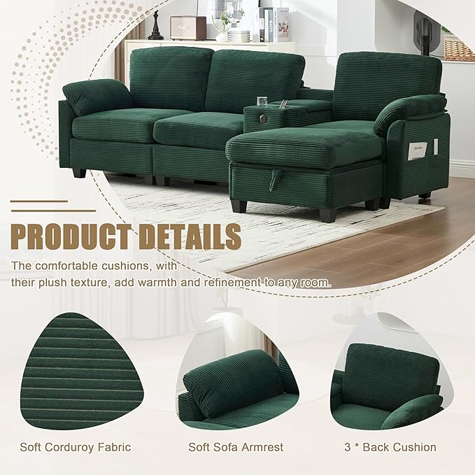 KEIKI 105 L-Shaped Oversized Corduroy Modular Sectional Sofa with 1 Ottoman and Multi Functional Console 4-Seater Upholstered Couch with USB and 2 Cup Holder Easy Assembly for Living Room Emerald