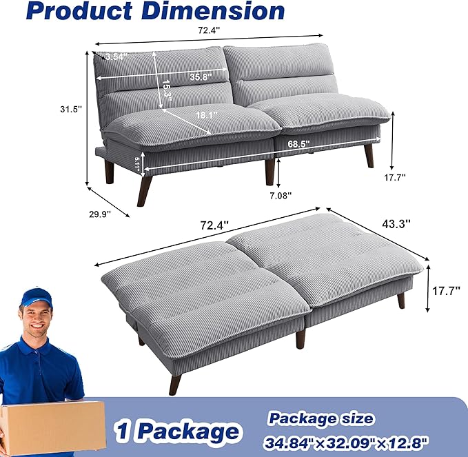 72 Futon Sofa Bed Convertible Futon Couch with Adjustable Backrest Modern Corduroy Sleeper Sofa for Small Spaces Living Room Office Light Grey