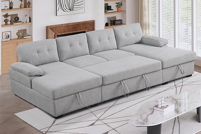 BEEY Sectional Sleeper Sofa 120 Oversized Couch Bed 4 Seat Sofa Bed U Shaped Sectional Couch with Pull Out Bed and Double Storage Chaise for Living Room Bedroom Light Grey