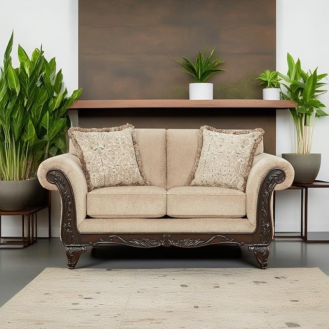 Hernen Carved Wood Frame Loveseat Beige Wheat