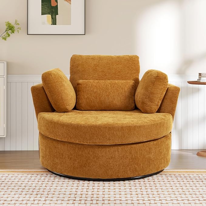 Oversized Swivel Accent Barrel Chair Set of 2 Chenille Upholstered Comfy Round Swivel Chair with Pillows 360 Degree Modern Lounge Reading Sofa Armchair for Nursery Living Room Bedroom(Yellow)