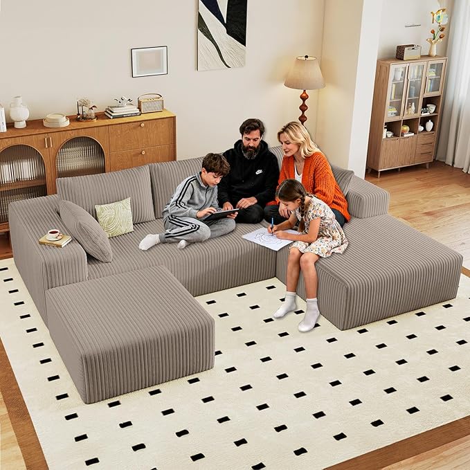 96 W Cloud Sectional Couch with OttomanModern U-Shaped Cloud Couch with Deep SeatComfy Corduroy 3-Seater SofaMemory Foam Sofa for Living RoomNo Assembly (CamelRight-Facing Chaise)