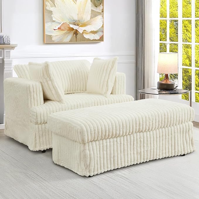 KINFFICT Oversized Chaise Longue IndoorComfy Upholstered Tufted Corduroy Single Sofa Couch Leisure Chair with 3 PillowDeep Seat Reclining Sleeper Sofa Chair for Living RoomBedroomOffice (Beige)